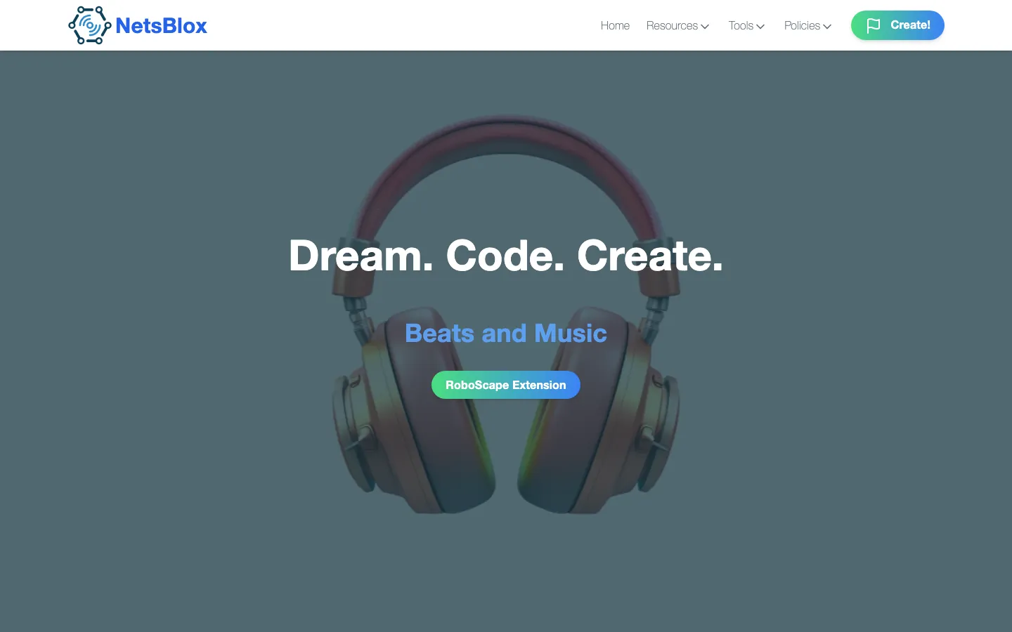 NetsBlox home page with the Create button and the RoboScape extension banner