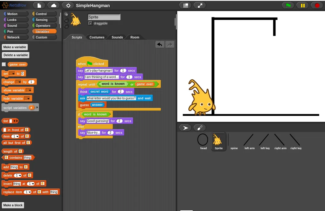 NetsBlox editor showing a Hangman game built from visual blocks next to its stage
