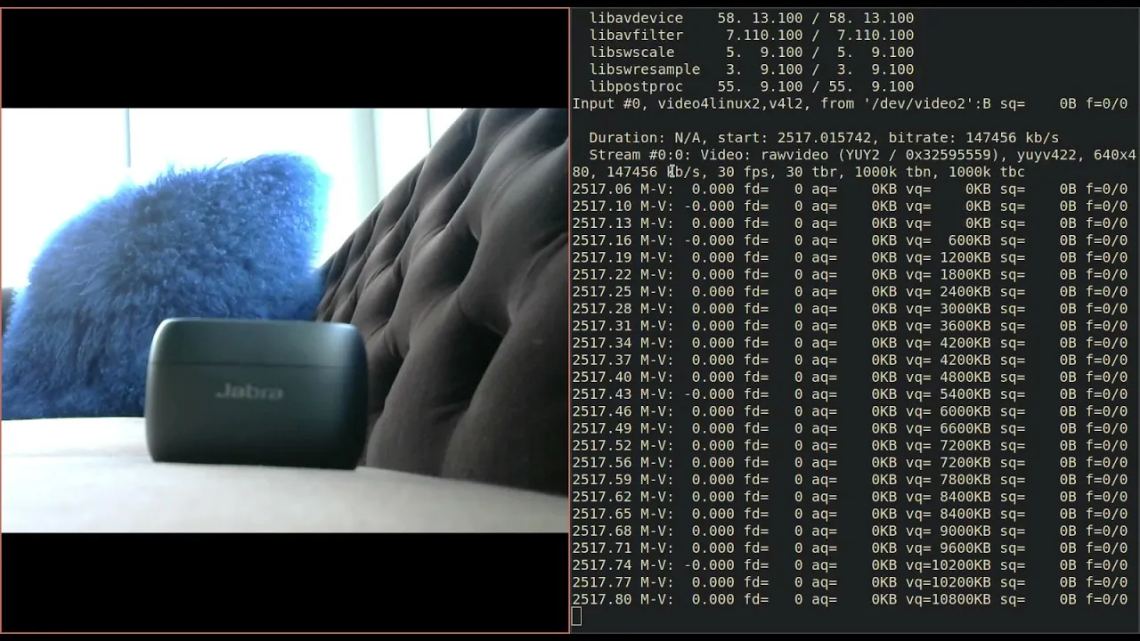 Webcam Mods virtual camera feed shown next to an ffmpeg stream log in a demo video