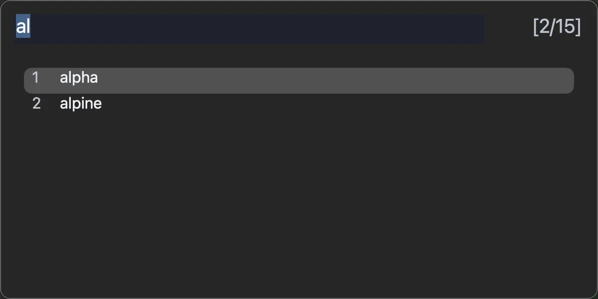 zmenu popup filtering a list by the query al and showing the matches alpha and alpine